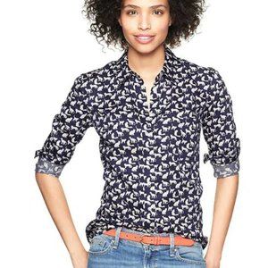 Gap Women's Fitted Boyfriend Cat Print Shirt, Navy Blue White Cat Print